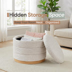 Round Storage Ottoman with Tray Lid, Folding Chenille Fabric Footrest with Hidden Storage, 22.8" Large Footstool Side Table for Dorm Living Room Bedroom, Wood Grain Base, Cream White