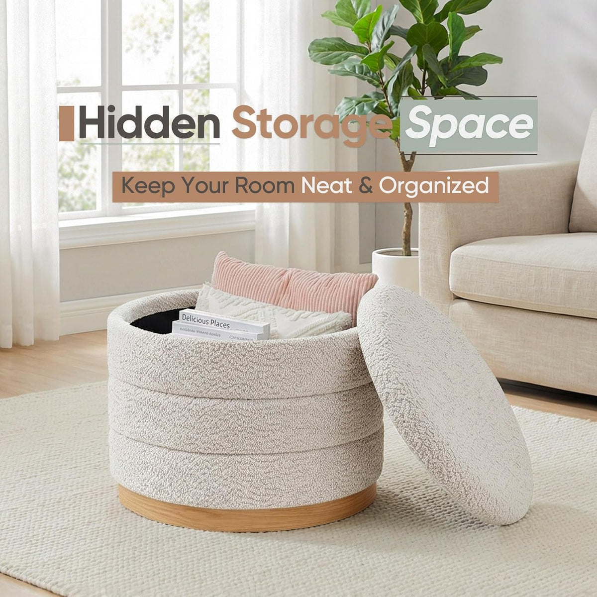 Round Storage Ottoman with Tray Lid, Folding Chenille Fabric Footrest with Hidden Storage, 22.8" Large Footstool Side Table for Dorm Living Room Bedroom, Wood Grain Base, Cream White