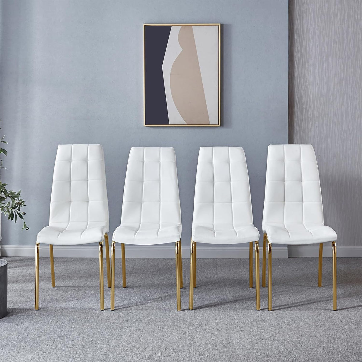 Faux Leather Dining Chairs - Set of 4, Modern White Dining Room Chairs with Gold Metal Legs and Ergonomic Backrest, Upholstered for Kitchen and Living Room