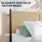 Rattan Queen Size Bed Frame, Wooden Platform Bed with Rattan Headboard
