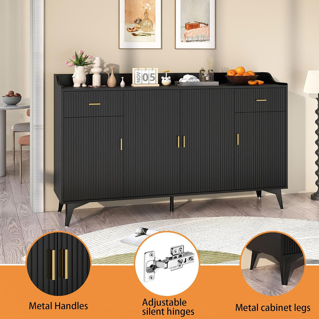 Sideboard Buffet Cabinet with Drawers: 63" Black Fluted Sideboard Cabinet with Storage, Modern Kitchen Cabinets Storage, Credenzas for Living Room(63")