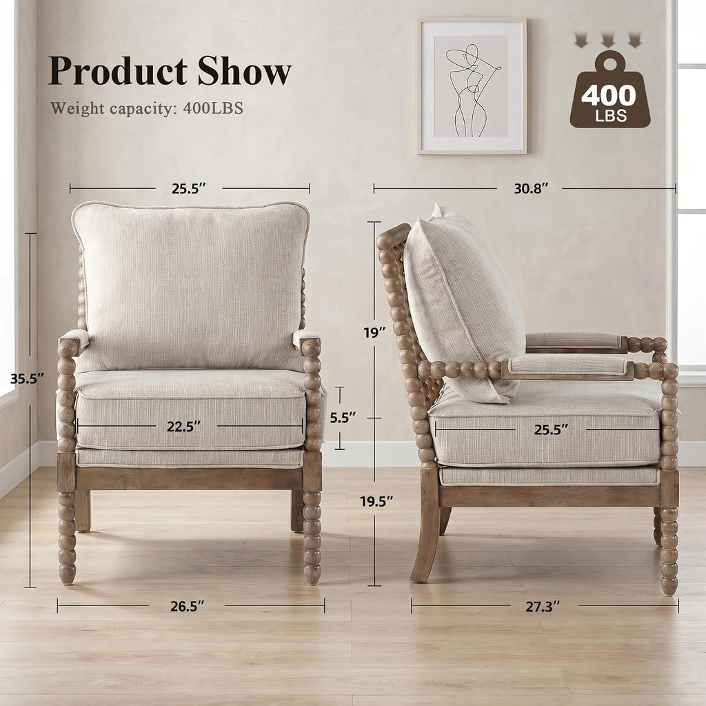 DUHOME Linen Fabric Spindle Accent Chair with Wood Frame,Modern Accent Chairs with Padded Spring Seat and Brushed White Base for Living Room Bedroom Farmhouse Home Office Belcony