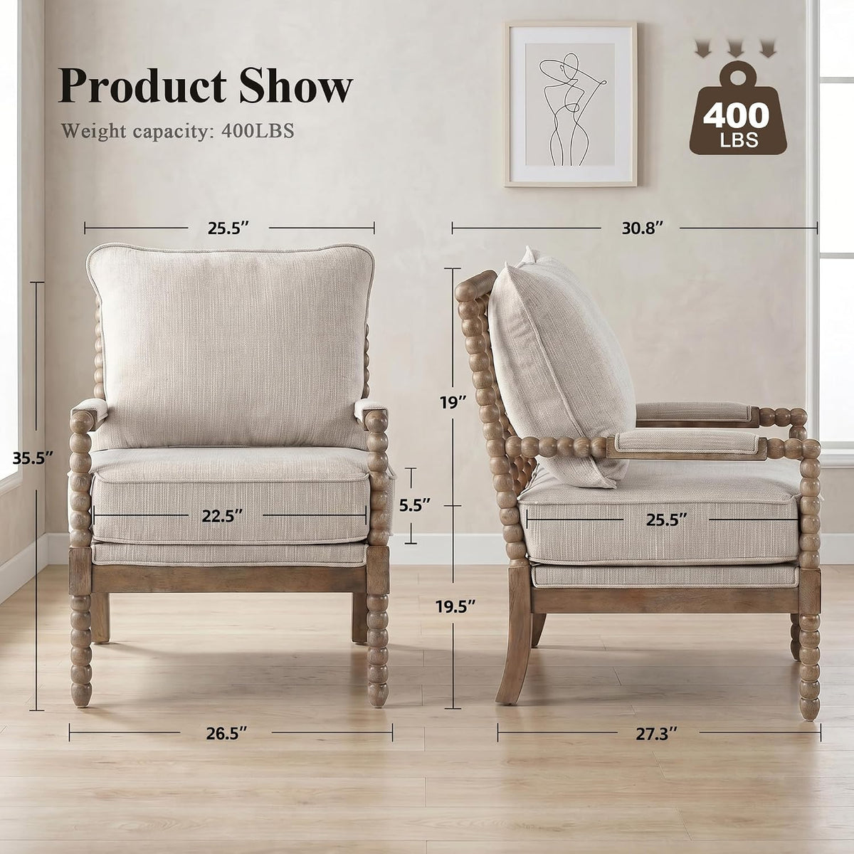 DUHOME Linen Fabric Spindle Accent Chair with Wood Frame,Modern Accent Chairs with Padded Spring Seat and Brushed White Base for Living Room Bedroom Farmhouse Home Office Belcony