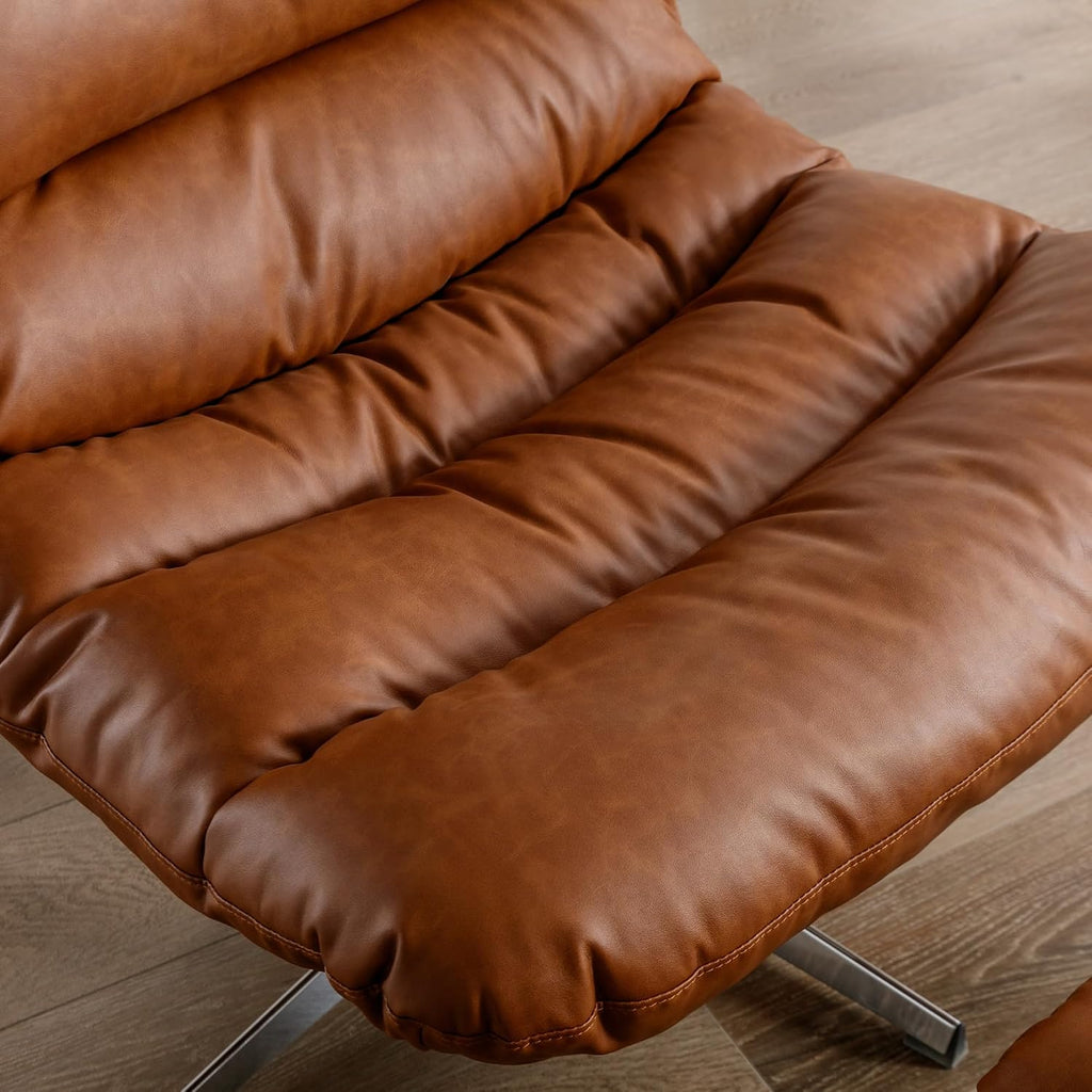 BESTANO Swivel Accent Chair with Ottoman, Mid Century Modern Faux Leather Lounge Chair with footrest, Comfy Oversized Armchair with 360 Degree Metal Base for Living Room Bedroom, Brown