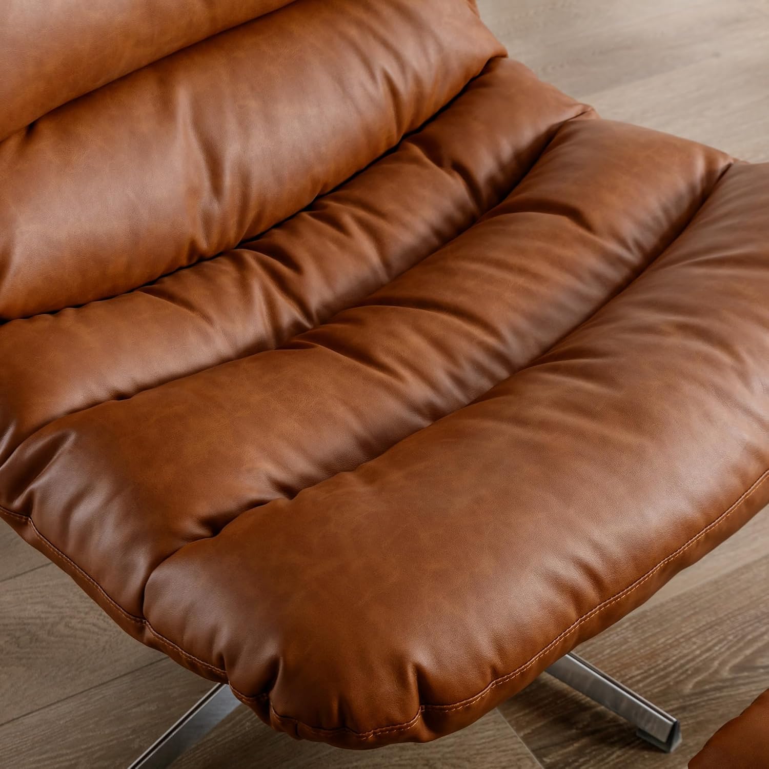 BESTANO Swivel Accent Chair with Ottoman, Mid Century Modern Faux Leather Lounge Chair with footrest, Comfy Oversized Armchair with 360 Degree Metal Base for Living Room Bedroom, Brown