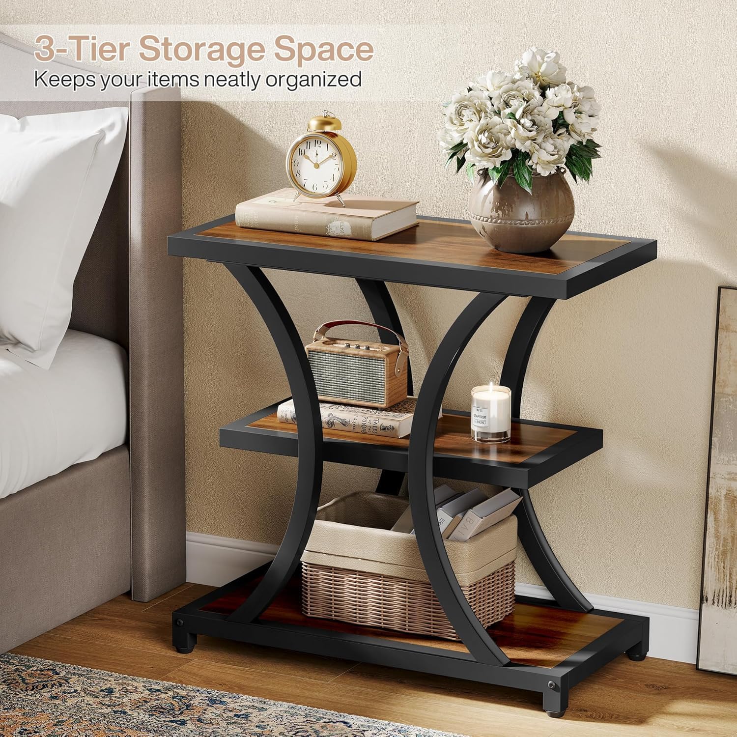 Tribesigns End Table with Storage, 3-Tier Side Table with Geometric Metal Design, Industrial Nightstand for Small Spaces, Living Room, Bedroom, Study Room (Rustic Brown)