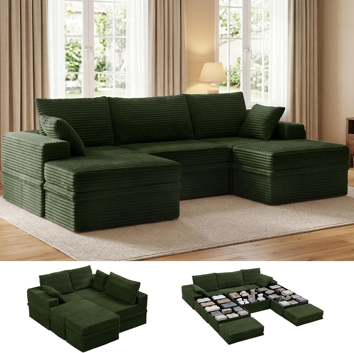 107" U Shaped Couch, Modular Sectional Sofa with Storage, 3-Seater High Density Foam Couch with Ottoman, 27" Deep Corduroy Cloud Couch for Living Room, Tool-Free Assembly, Green