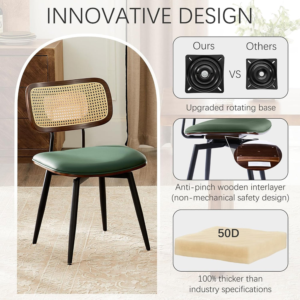 Dining Chairs, Set of 4, Modern, Green, Rattan & Faux Leather, Swivel with 360 Rotation, Ergonomic & Adjustable Height