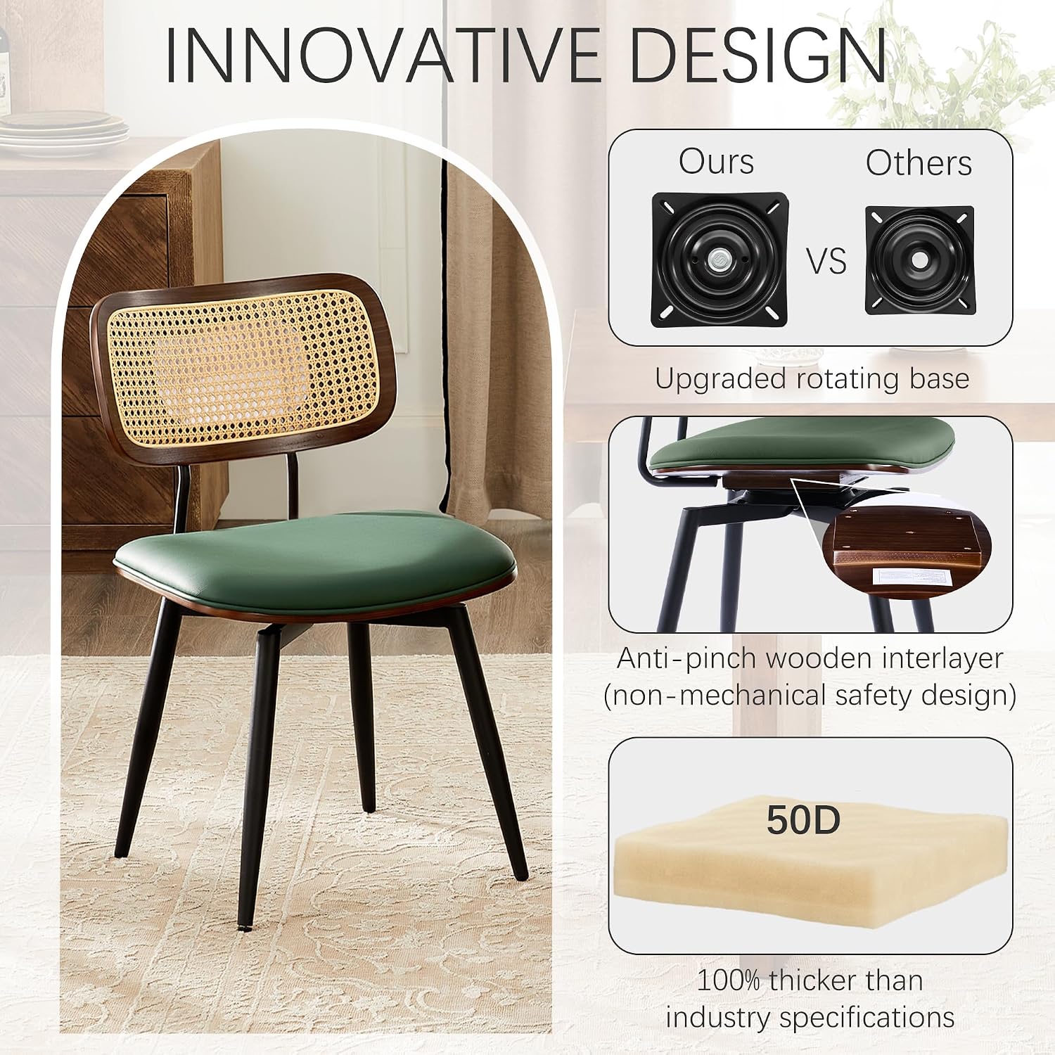 Dining Chairs, Set of 4, Modern, Green, Rattan & Faux Leather, Swivel with 360 Rotation, Ergonomic & Adjustable Height