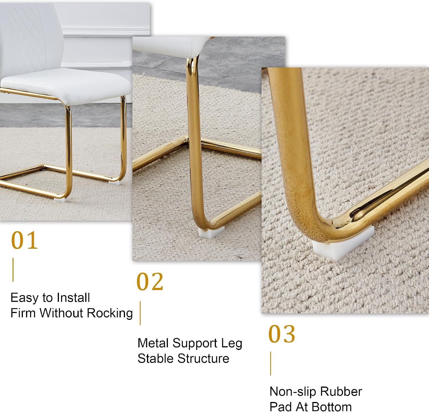 Glass Dining Table Set for 6, Modern Kitchen Table Set for 6, 71" Tempered Glass Tabletop with U-Shaped Gold Base, 7 Ppiece Large Dining Room Table Set with White PU Leather Chairs