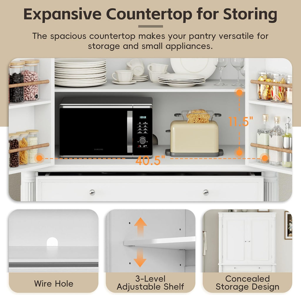 Freestanding 77.3" Tall Storage Cabinet, Wooden Pantry，White | Retro Large Kitchen Pantry, 2 Adjustable Shelves, 5 Drawers, 6 Door Shelves
