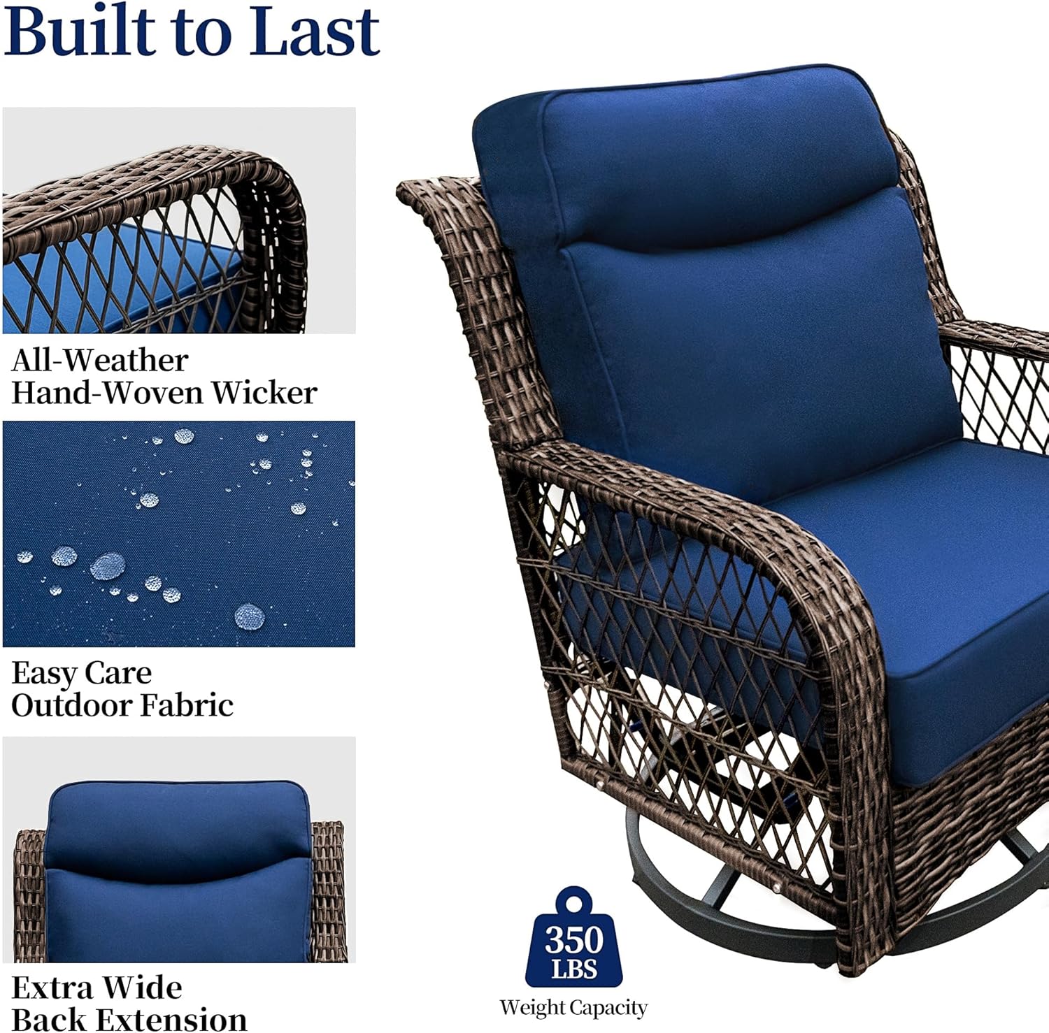PIZZELLO Outdoor Swivel Rocker Chairs 5 Pieces Wicker Swivel Patio Chair w/Ottomans, Side Table, 5" Extra Thick Cushions and 25" Full Support Back, Patio Furniture Set for Outside Backyard