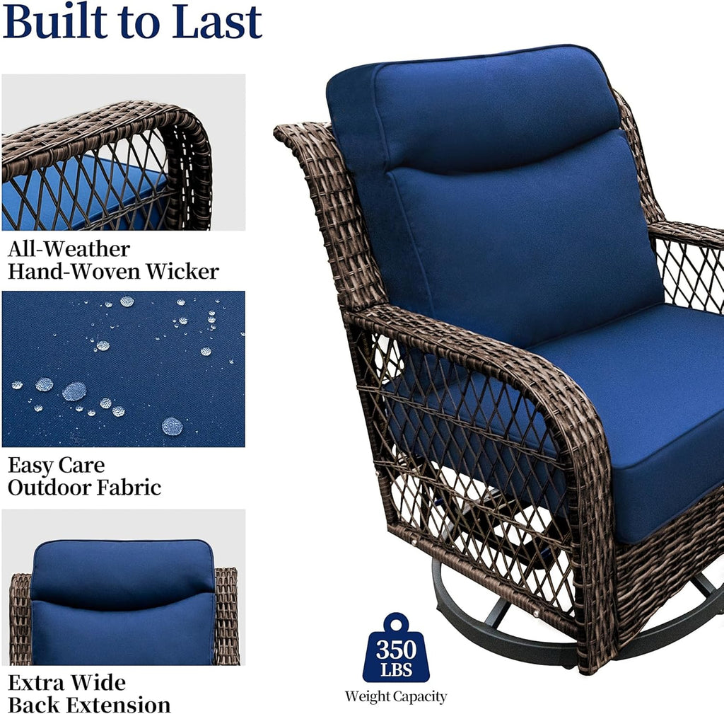 PIZZELLO Outdoor Swivel Rocker Chairs 3 Pieces Wicker Swivel Patio Chair with Rattan Side Table, 5" Extra Thick Cushions and 25" Full Support Back, Patio Furniture Set for Outside Porch Deck