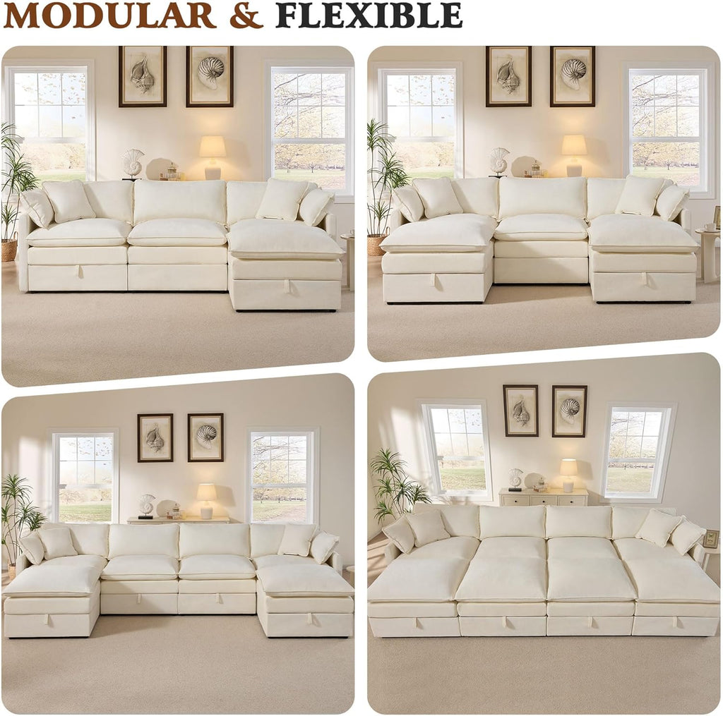 Ihanherry 135” Modular Sectional Sofa with Storage, U Shaped Cloud Couch with Movable Ottomans & 4 Pillows, Chenille Deep Seat Sectional Couches for Living Room, Apartment (Beige)