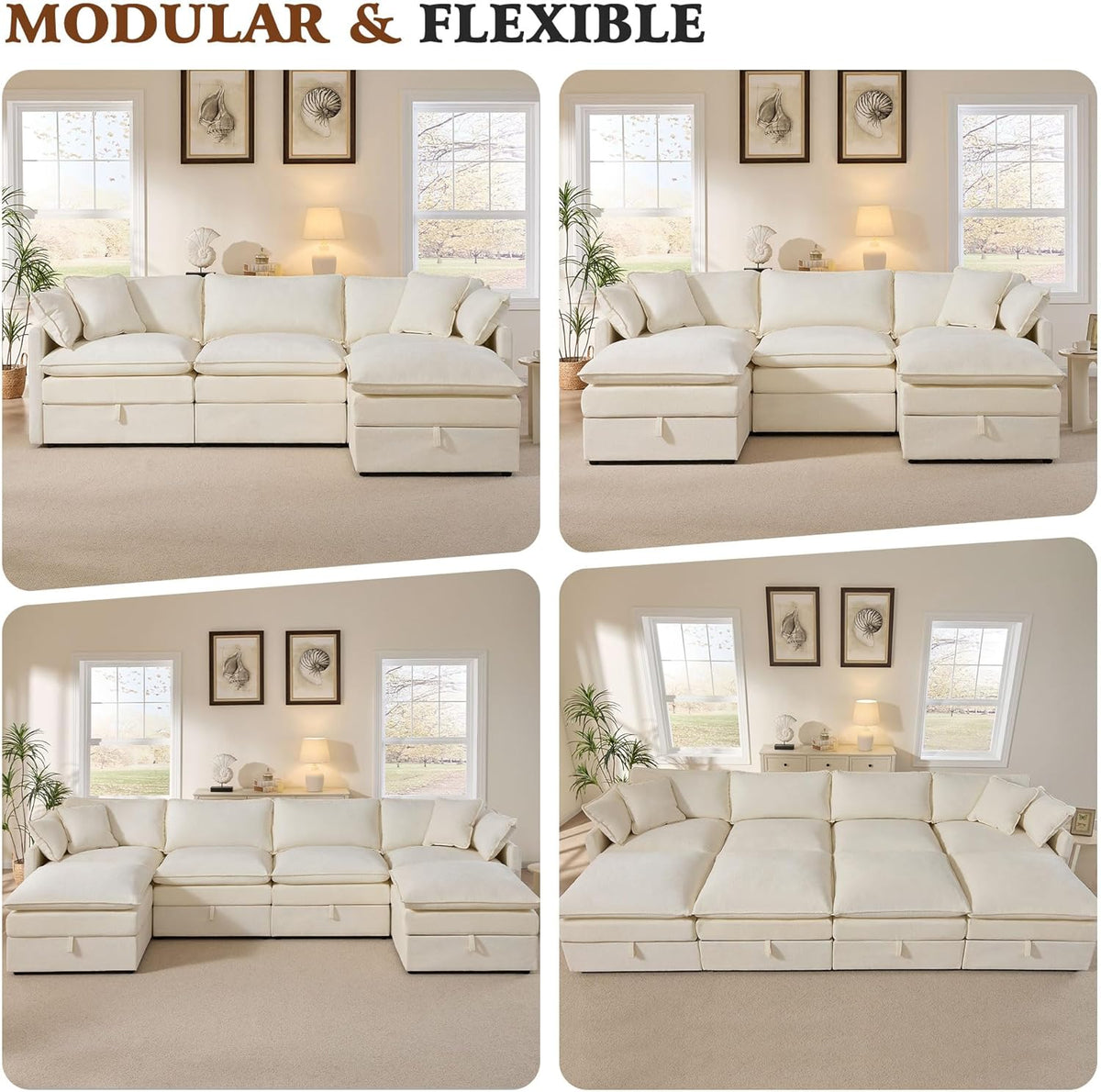 Ihanherry 135” Modular Sectional Sofa with Storage, U Shaped Cloud Couch with Movable Ottomans & 4 Pillows, Chenille Deep Seat Sectional Couches for Living Room, Apartment (Beige)