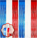 2 Pack Red White and Blue Foil Fringe Backdrop Curtains, Tinsel Streamers Party Decorations, Fringe Backdrop for Patriotic, Memorial Day, 4th of July, Independence Day
