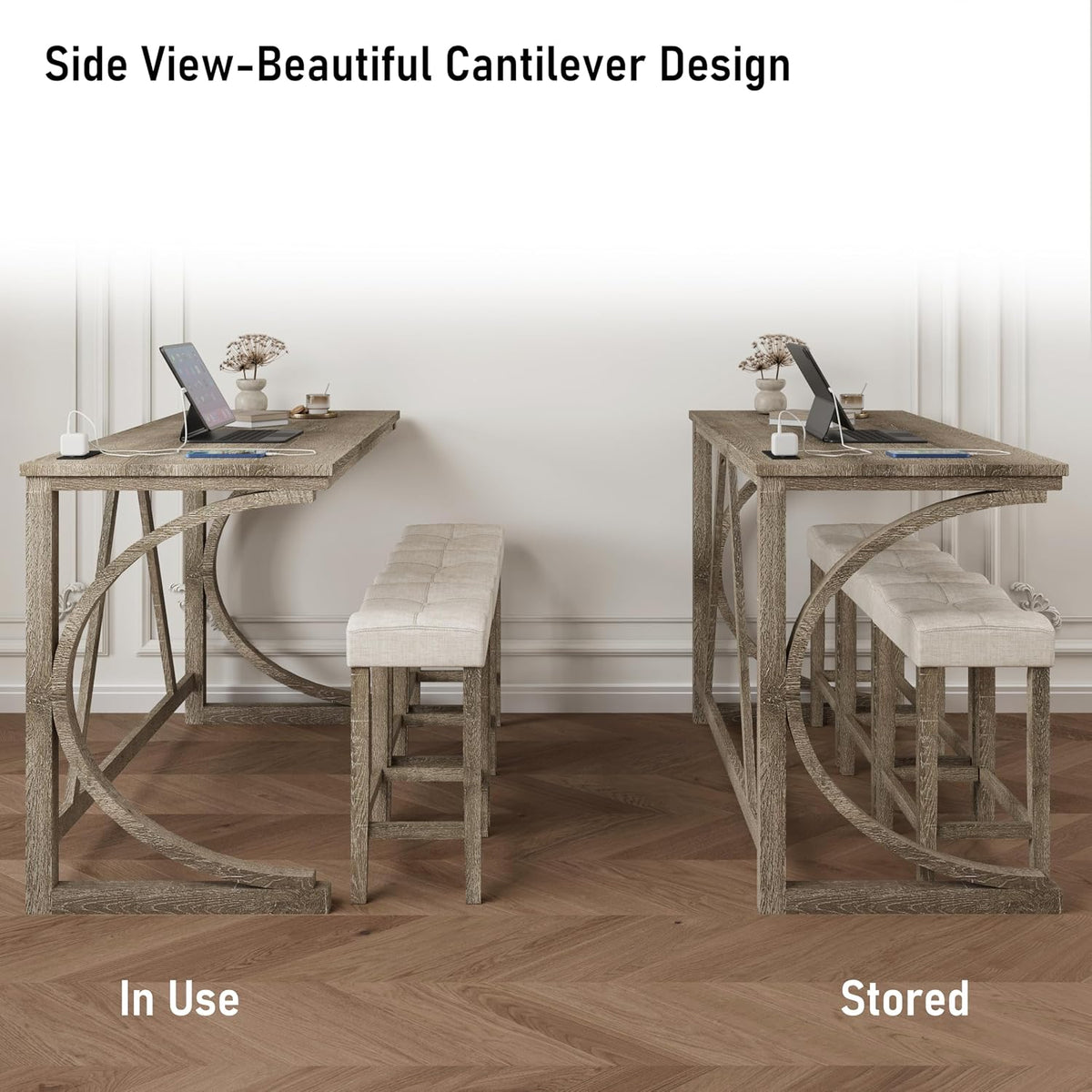 allamazing 4-Piece Counter High Bar Table Set with Socket and 3 Fabric Padded Bar Stools, Tall Kitchen Breakfast Nook with Stool (1+3 Natural)