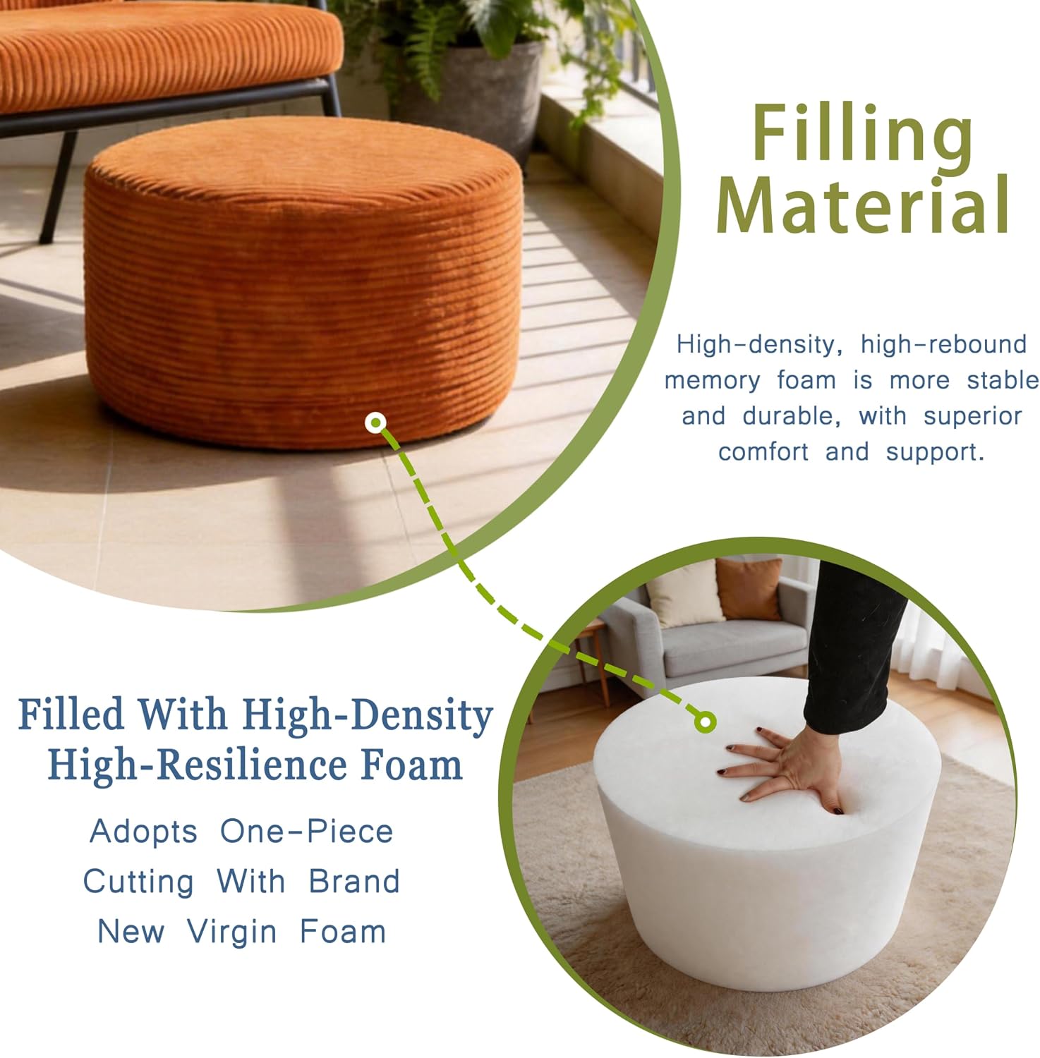 Thgonwid Round Ottoman Pouf, Plush Corduroy Foot Stool with High-Density Memory Foam, 3-in-1 Footrest Extra Seating Side Table for Living Room Bedroom Home Decor, 20 x 14 Inch, Burnt Orange