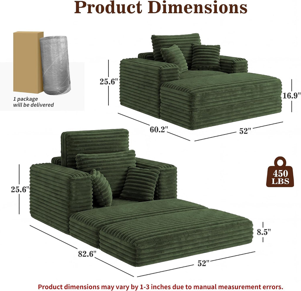 Busaurus 60'' Oversized Chaise Lounge Chair Indoor with Ottoman, Convertible Sofa Bed & Corduroy Reading Chair for Living Room & Bedroom, No Assembly Required