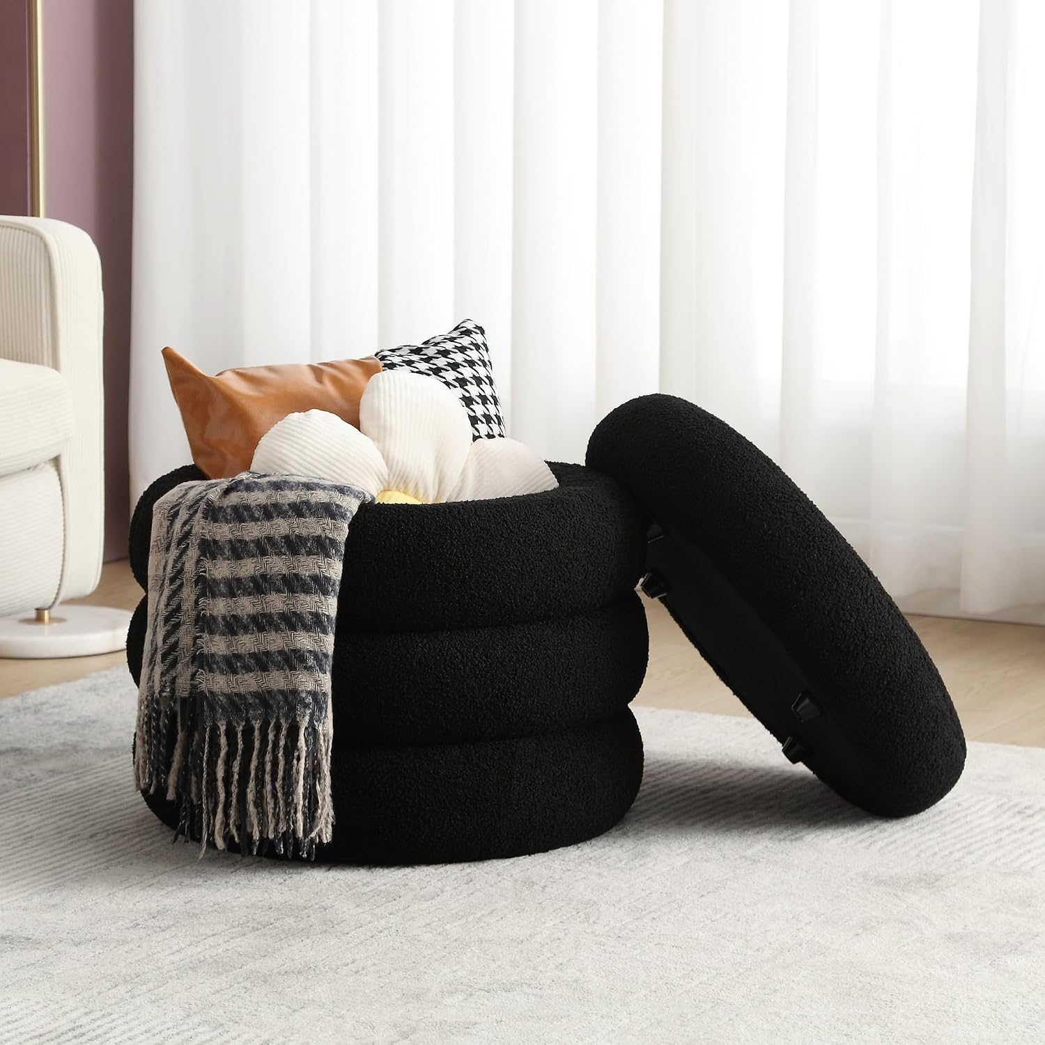 19.5 Inch Round Storage Ottoman, Modern Sherpa Ottoman Coffee Table with Removable Top, Black Vanity Stool with Storage for Bedroom, Living Room, Dorm, Set of 2