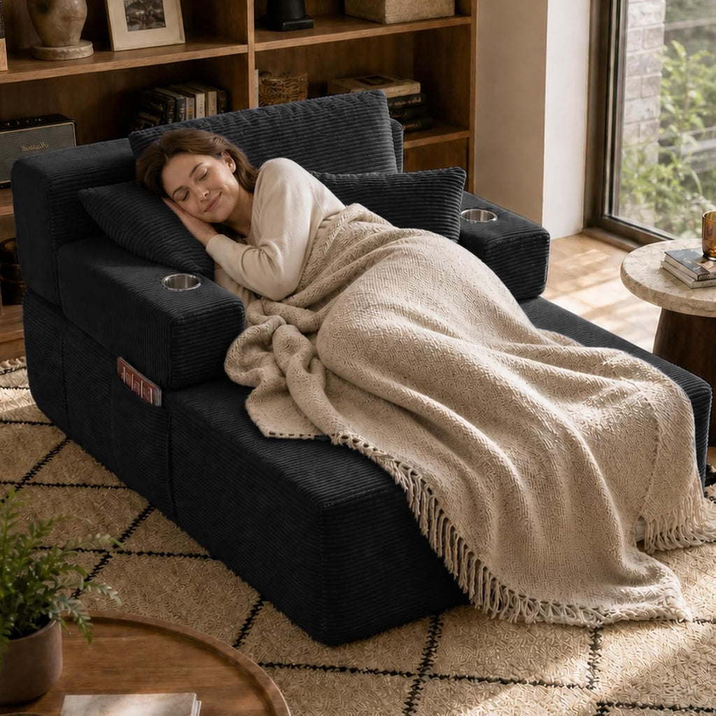 70"Chaise Lounge Chair, Oversized Chair & 2 Cup Holder 4 Pockets | Oversized Corduroy Lounge Chair Indoor Convertible, 3 Pillows, Deep Seat Sleeper Sofa Bed, Living Room, Reading, No Assembly