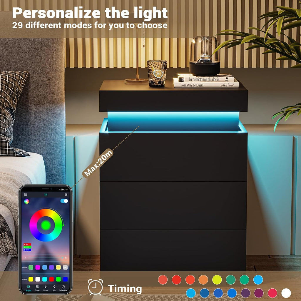 ADORNEVE Black Nightstand with Charging Station and LED Lights | Modern Night Stand with Sliding Top,Bedside Table with Drawers,Bed Side Tables Bedroom