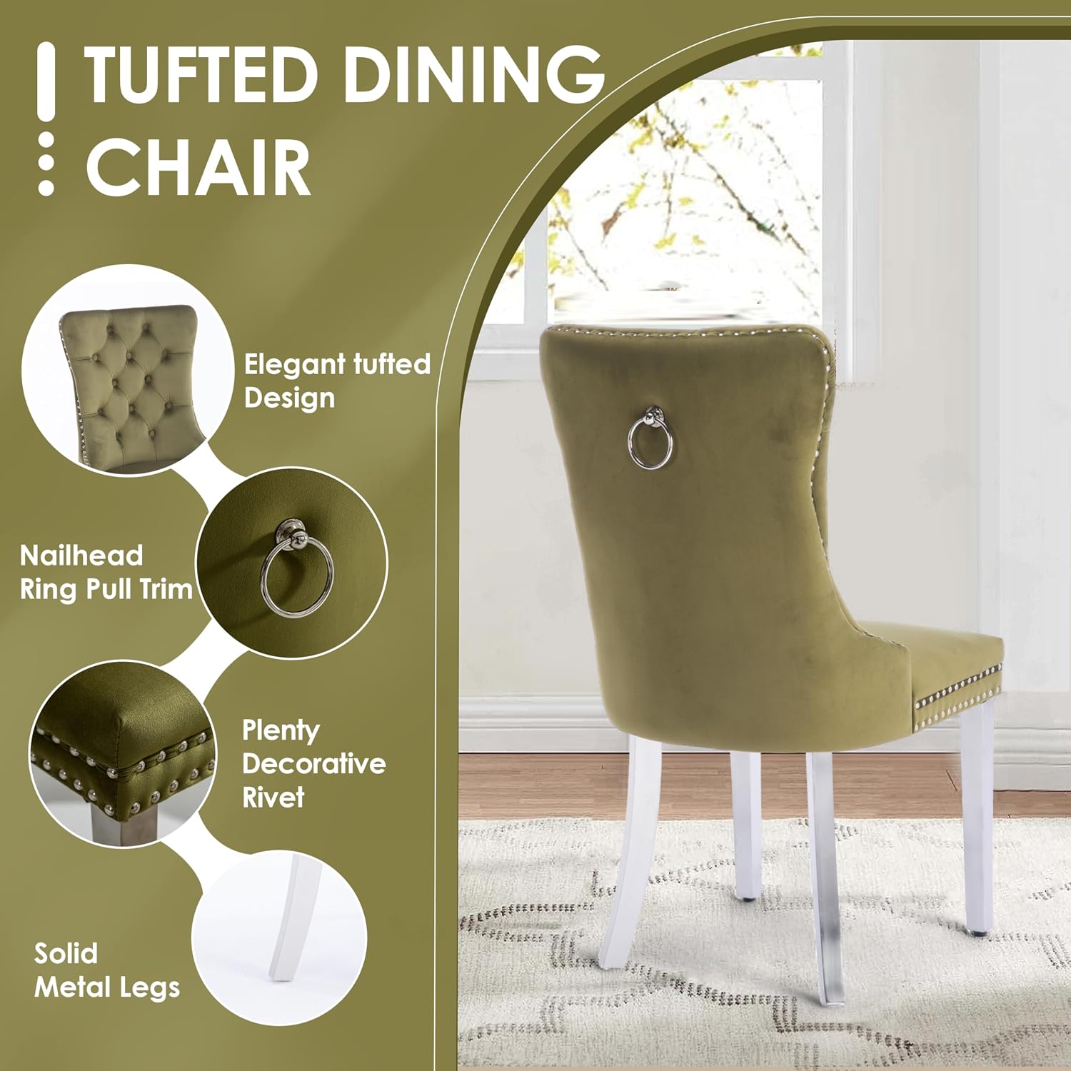 Clear Round Glass Top Dining Set for 4, 42'' Modern Luxury Circle Dinner Set, 5 PCS Minimalist Circular Kitchen Table Set, Olive Green High-end Tufted Chairs, for Small Place Home (Silver)