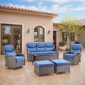 Swivel Patio Chairs sofa Set of 6 with 6" Thick Cushion - Wicker Outdoor Swivel Rocker Patio Chair ,Sofa/Glass coffee table, High Back Comfortable Outdoor Glider Chairs - Brown Wicker - Blue Cushions