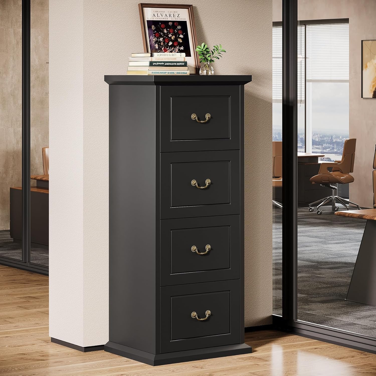 Tribesigns 4-Drawer File Filing Cabinet, Vertical Office File Cabinet,Black | Wooden Filing Cabinet for Legal/A4/Letter Size, Narrow Tall File Storage with Adjustable Hanging Rods for Home Office