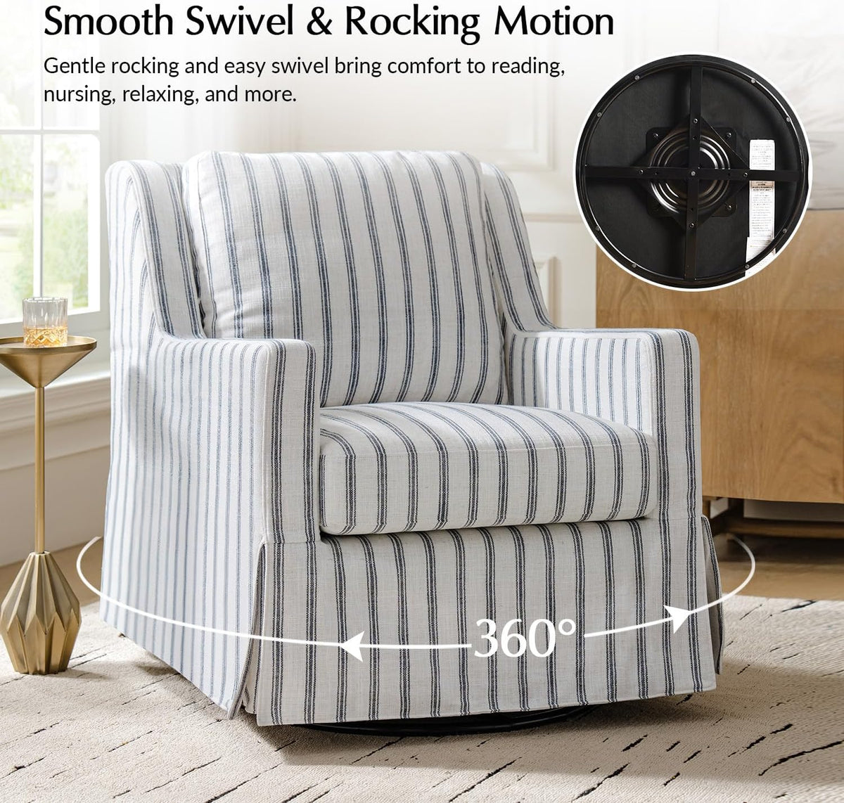 HULALA HOME Farmhouse Swivel Rocker Chair with Washable Slipcover, Navy