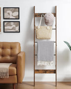 Hzuaneri Blanket Ladder for Living Room, Decorative Quilt Rack with 4 Removable Hooks, 5-Tier Farmhouse Ladder Holder Shelf Organizer for Bedroom, Rustic Brown and Black 02101BBR