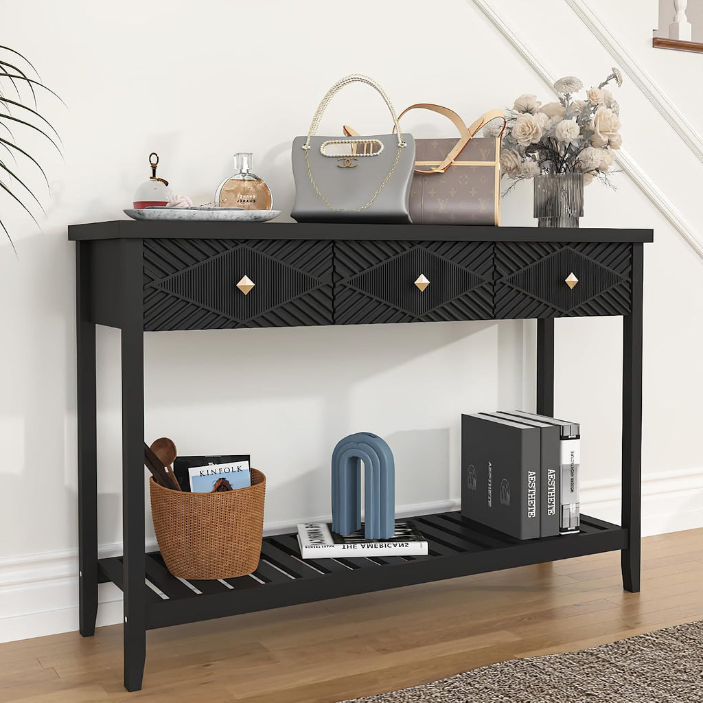 47" Console Table with 3 Drawers, Fluted Wood Entryway Table with Storage Shelf, Narrow Long Sofa Table Modern Behind Couch Accent Table for Living Room, Entryway, Hallway, Foyer
