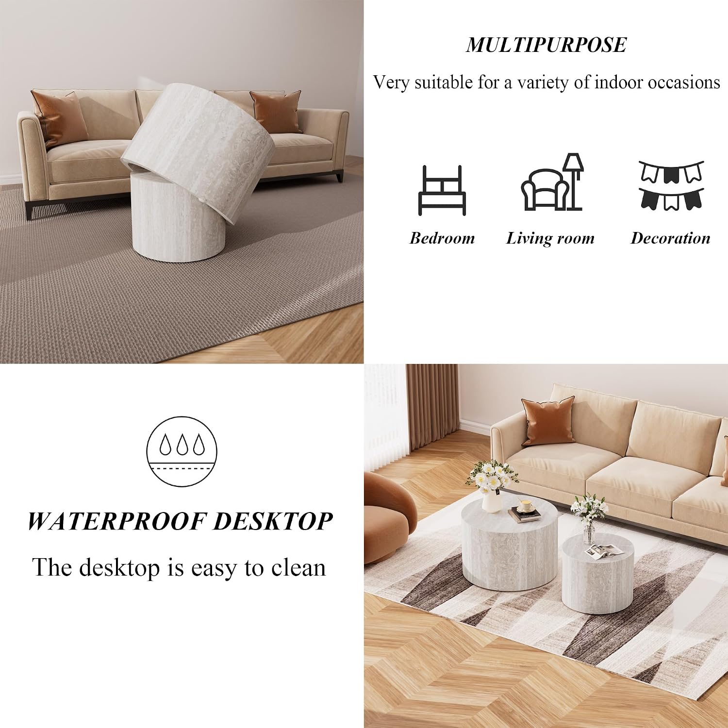 2-Piece Round Nesting Coffee Table Set with Travertine Texture, Modern Stackable Side Table for Small Spaces, Waterproof Anti-Scratch Accent Table for Living Room Bedroom Balcony