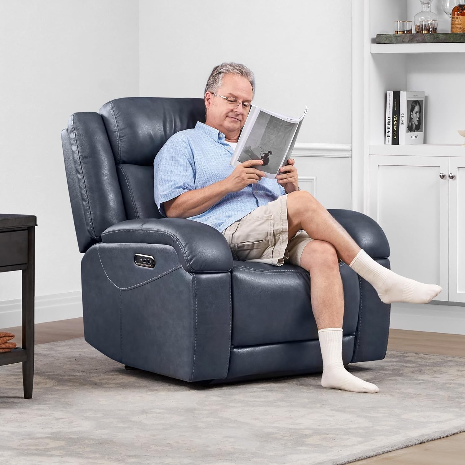 Watson & Whitely Oversized Genuine Leather Power Recliner Chairs for Big and Tall, Wall Hugger Recliner with Power Headrest & Charging Ports, Extra Large Reclining Chair for Living Room, Navy Blue