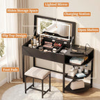 Cyclysio Vanity Desk with Flip Top Mirror and Lights, Black | Makeup Vanity Desk with Drawers, Dressing Table with Storage Shelves & Charging Station, Small Vanity for Small Spaces