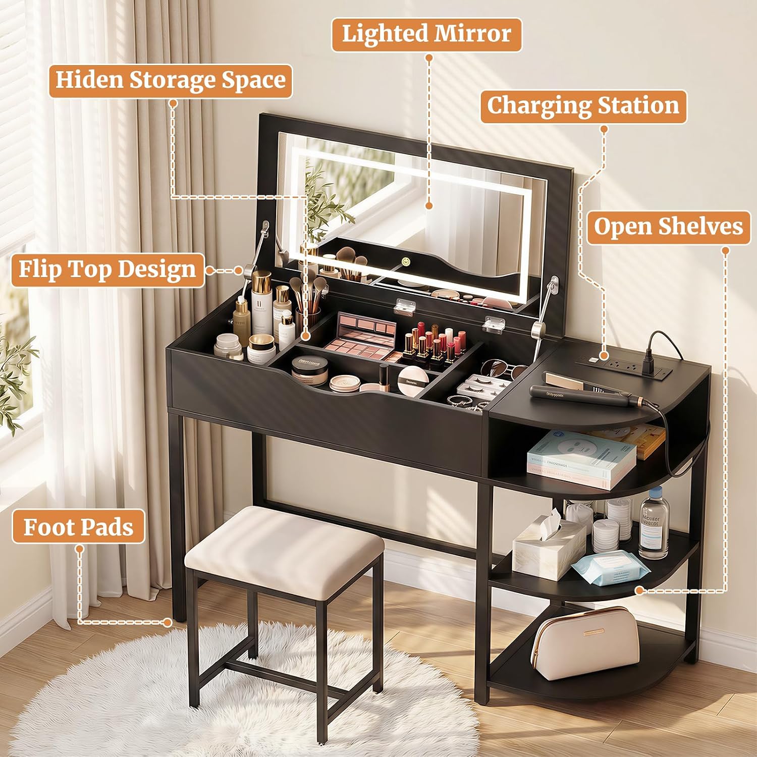 Cyclysio Vanity Desk with Flip Top Mirror and Lights, Black | Makeup Vanity Desk with Drawers, Dressing Table with Storage Shelves & Charging Station, Small Vanity for Small Spaces