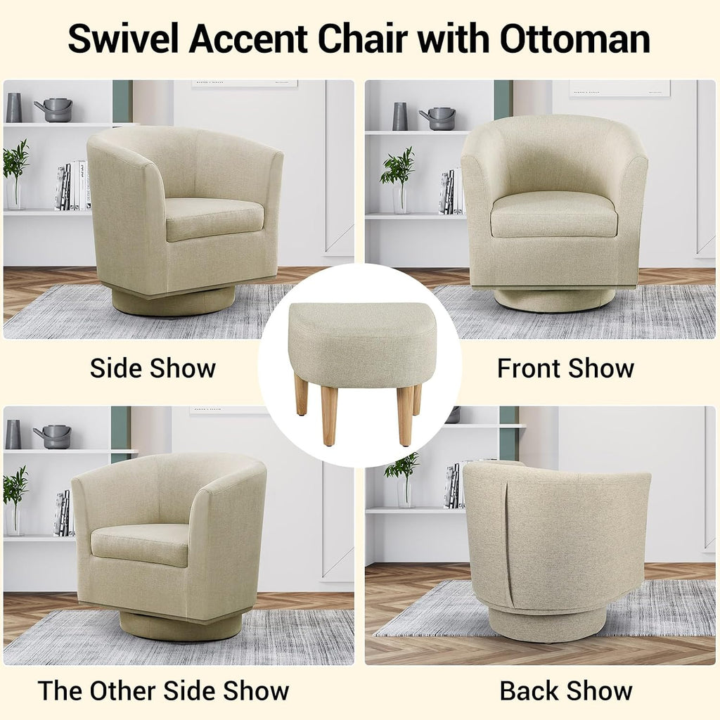 DAZONE Beige Swivel Accent Chair with Ottoman, Comfy Barrel Armchair for Small Spaces, 360° Modern Fabric Lounge Chair for Living Room, Bedroom, Reading Nook, Home Office