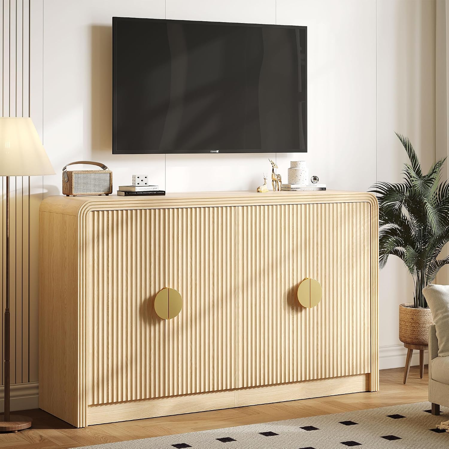 Decofy 55" Buffet Sideboard Cabinet, Mid Century Modern Console Cabinet with Wavy Grain Doors & Adjustable Shelves for Kitchen Cabinets, Living Room, Entryway, Coffee Bar Cabinet, Natural Oak