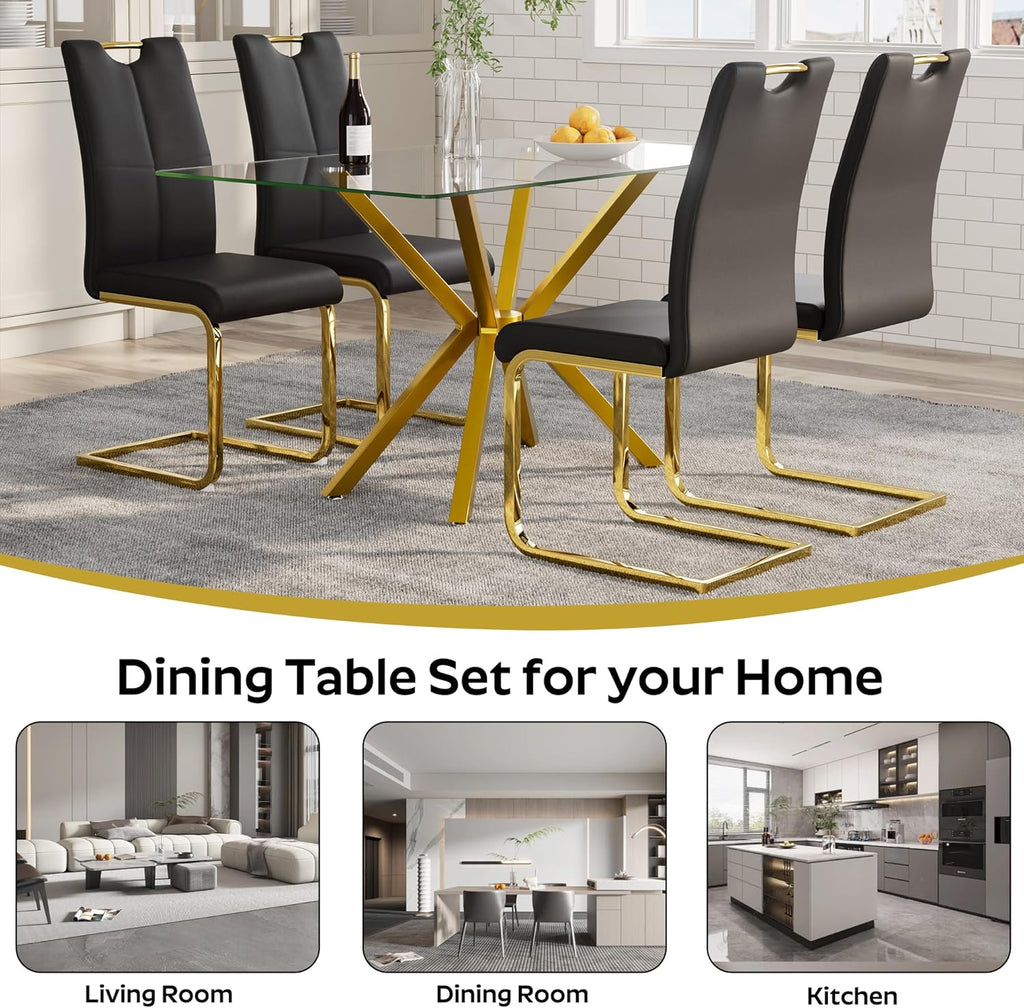 5-Piece 47" Dining Table with 4 PU Leather Chairs, Modern Dining Table Set for 4, Rectangle Kitchen Table with Golden Metal Legs for Dining Room, Kitchen(Black)