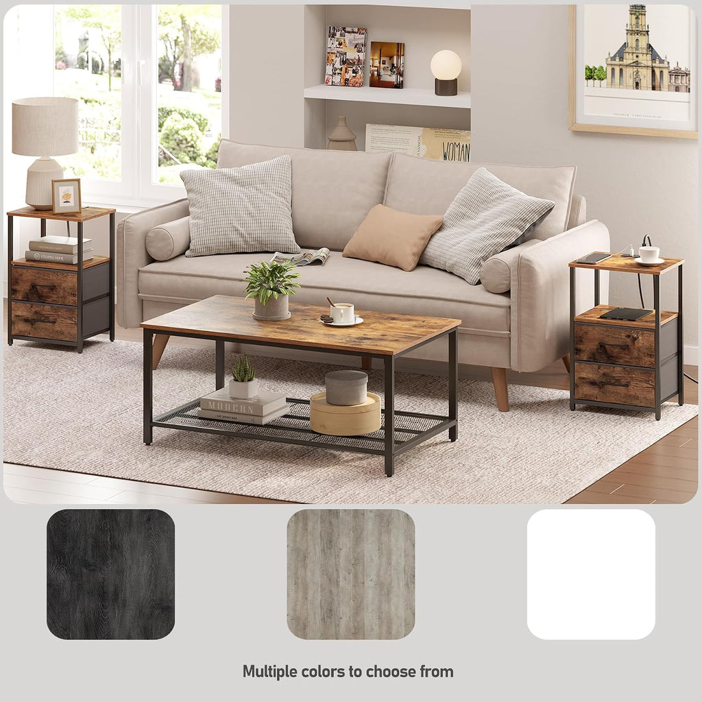 TUTOTAK End Table with Charging Station, Night Stand | Side Table with 2 USB Ports and Outlets, Nightstand with Cloth Drawer, Bedside Table for Livingroom, Bedroom Brown TB01BB088