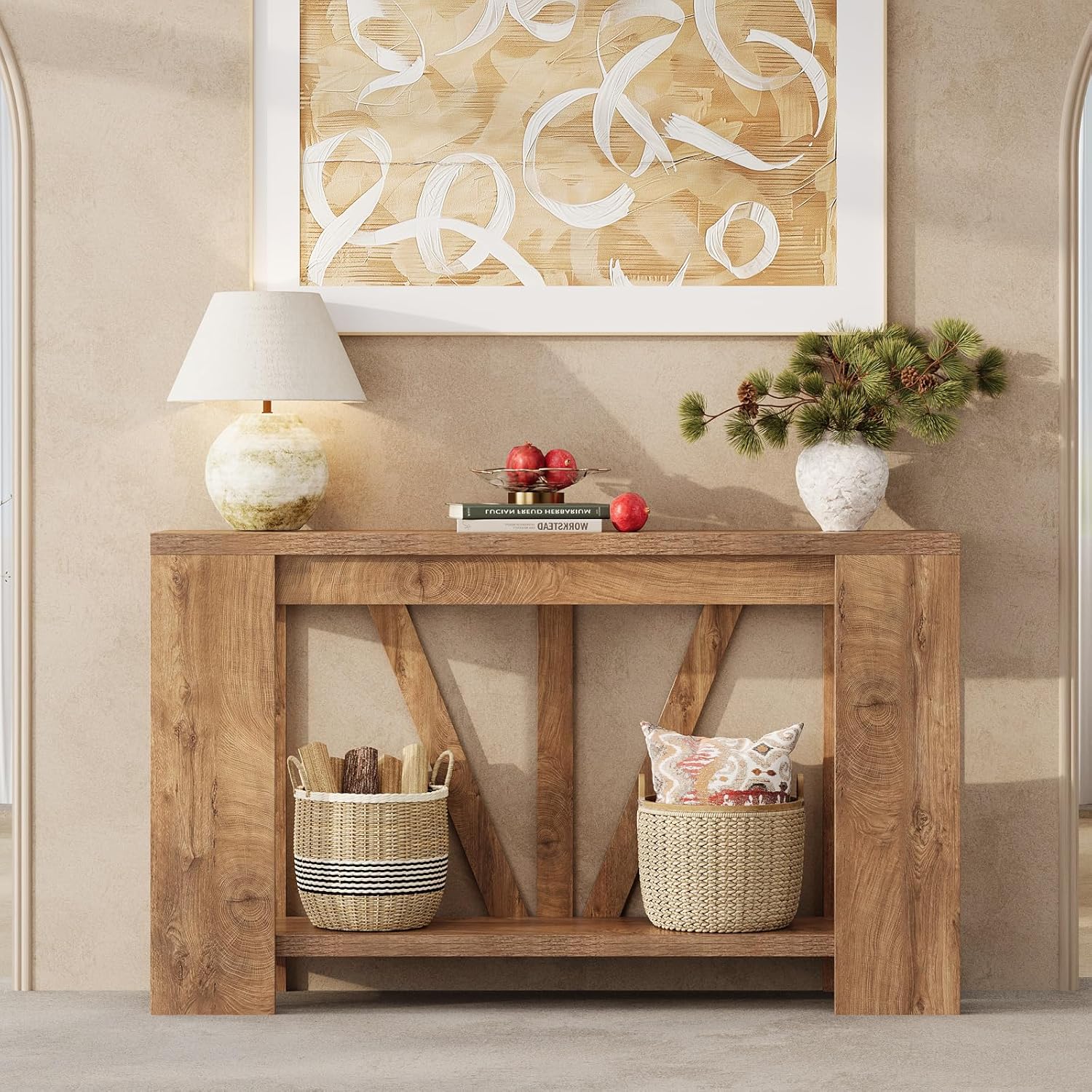 Tohomeor Console Table for Entryway, 47 Inches Narrow Sofa Table Behind The Couch, Farmhouse Wood Entry Table with Storage Shelves for Hallway Foyer Living Room, Rustic Wood Grain