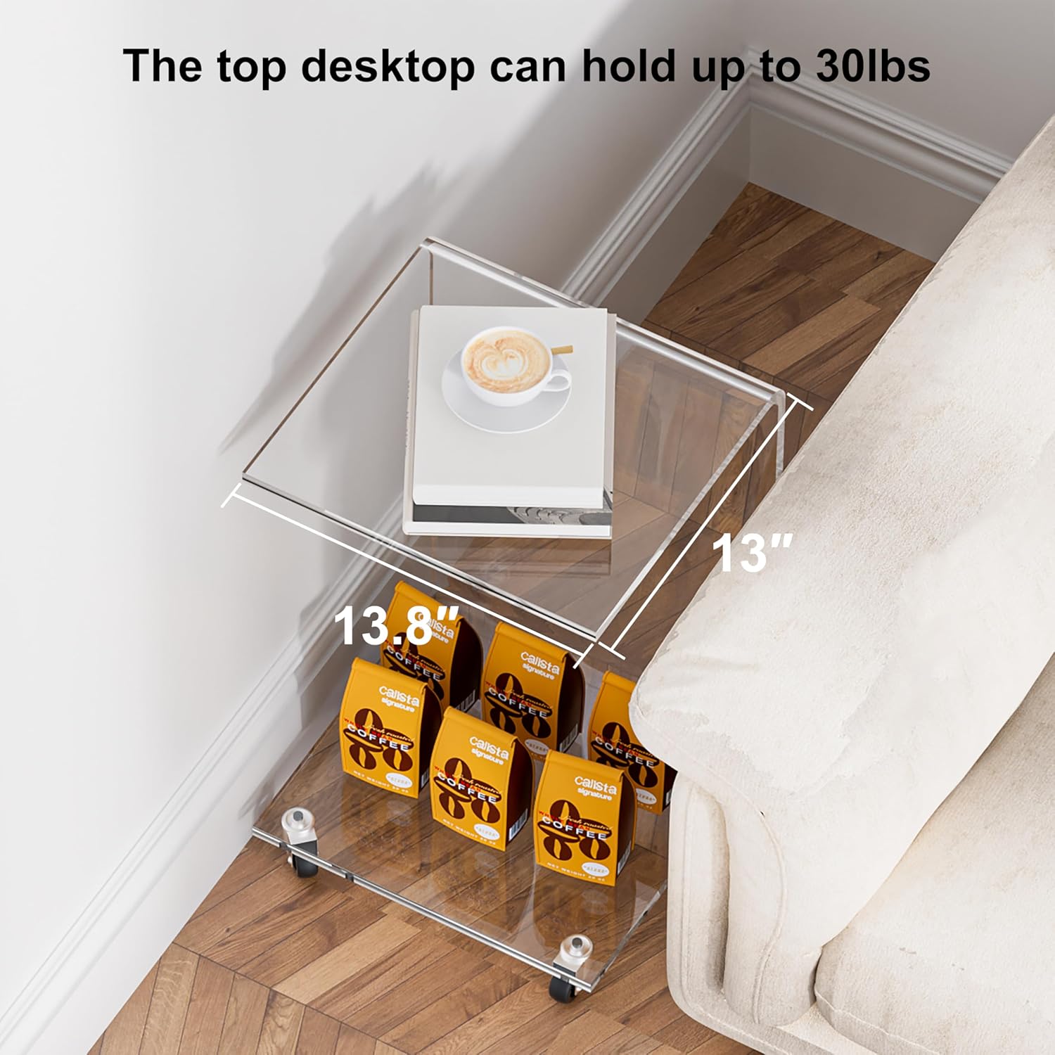 C-Shape Acrylic Side Table with Wheels,13.8" L x 13" W x 22" H x 1/2" Thick Clear End Table,Transparent Nightstand with Waterfall Edges,Modern Lucite Side Table for Living Room