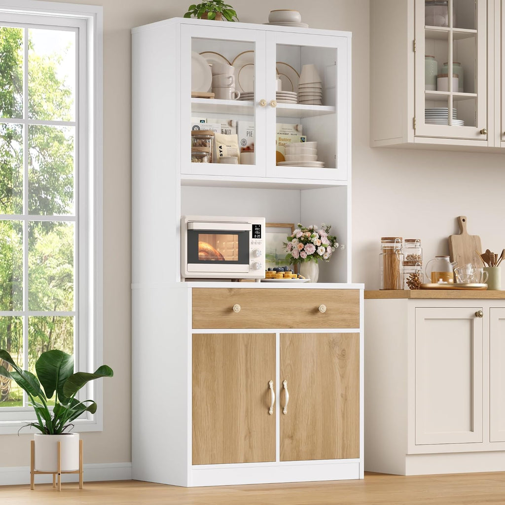 Keyluv 71" Tall Kitchen Pantry Storage Cabinet with Microwave Stand, Modern Kitchen Hutch with Countertop, Wood Coffee Buffet Hutch with Glass Doors, Drawer, Adjustable Shelves for Dining Room, Khaki