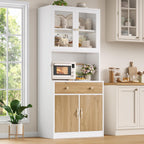 Keyluv 71" Tall Kitchen Pantry Storage Cabinet with Microwave Stand, Modern Kitchen Hutch with Countertop, Wood Coffee Buffet Hutch with Glass Doors, Drawer, Adjustable Shelves for Dining Room, Khaki
