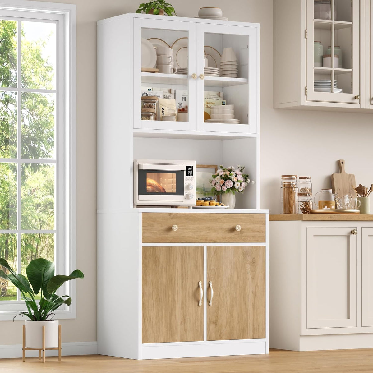 Keyluv 71" Tall Kitchen Pantry Storage Cabinet with Microwave Stand, Modern Kitchen Hutch with Countertop, Wood Coffee Buffet Hutch with Glass Doors, Drawer, Adjustable Shelves for Dining Room, Khaki