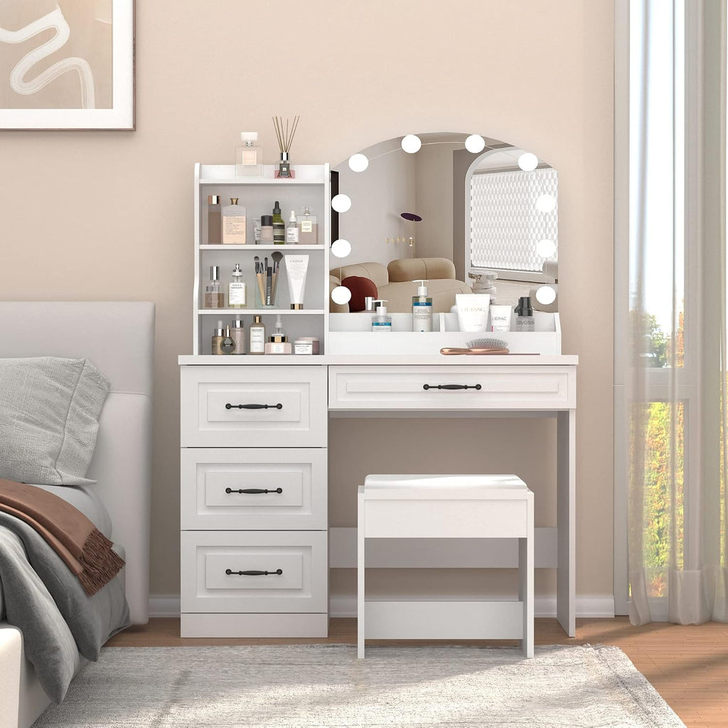 Vabches Vanity Desk with Mirror and Lights,Makeup Vanity Set for Bedroom | White Dressing Table 3 Lighting Colors, 4 Drawers
