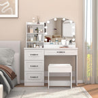 Vabches Vanity Desk with Mirror and Lights,Makeup Vanity Set for Bedroom | White Dressing Table 3 Lighting Colors, 4 Drawers