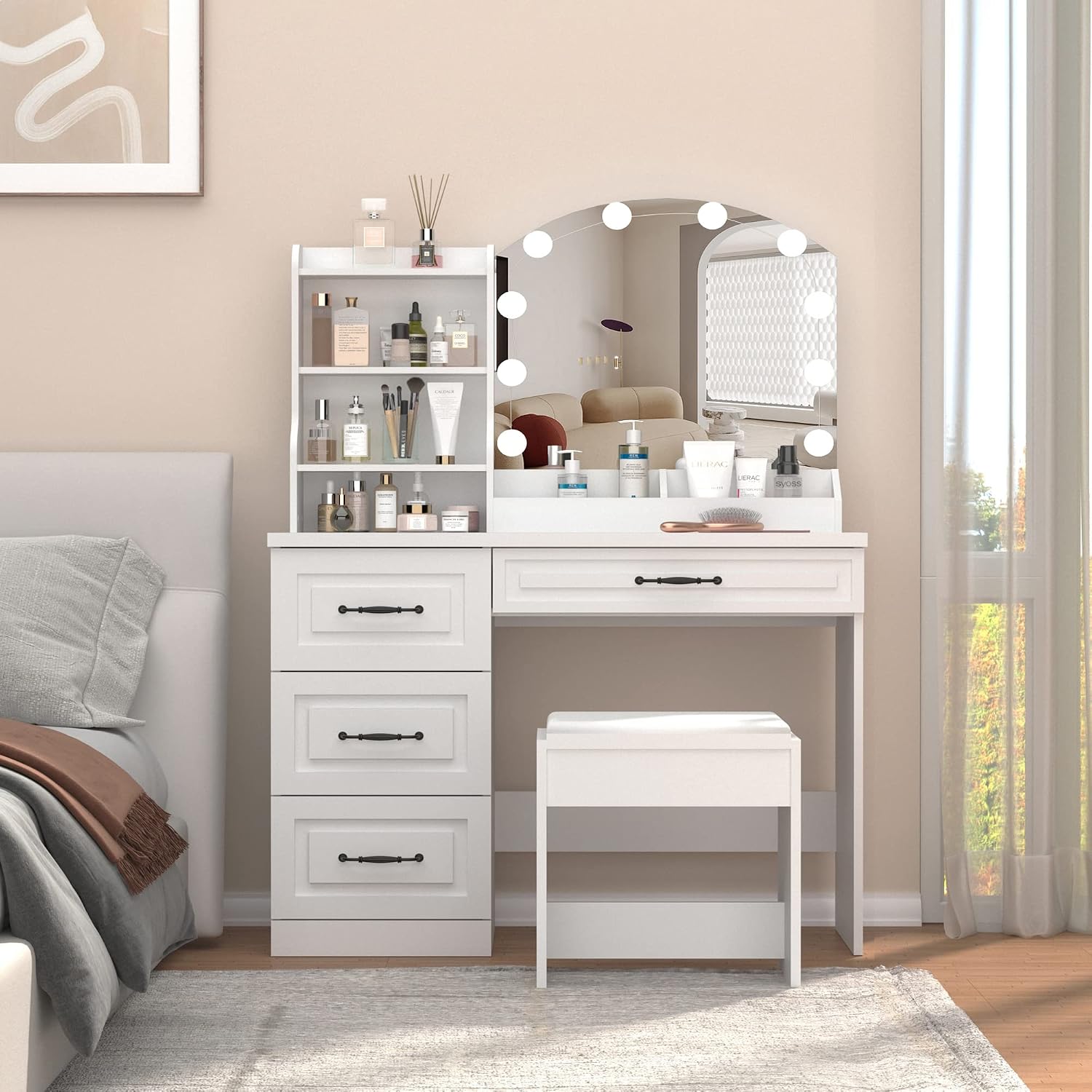 Vabches Vanity Desk with Mirror and Lights,Makeup Vanity Set for Bedroom | White Dressing Table 3 Lighting Colors, 4 Drawers