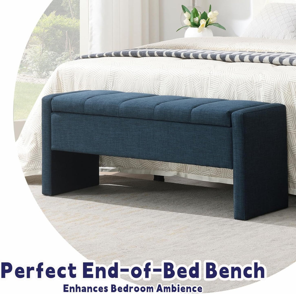 47.25'' Ottoman with Storage, End of Bed Storage Bench, Entryway Bench - Linen Upholstered Multi-Functional Footrest for Bedroom, Living Room, Dorm & Window Bench (A-Blue)
