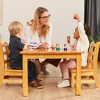 ECR4Kids 24in x 36in Rectangular Hardwood Table with 16in Legs and Two 8in Chairs, Kids Furniture, Honey, 3-Piece | Durable rubberwood, GREENGUARD Gold Certified, ANSI/BIFMA Compliant, 2-3 years, 74 lb seat capacity, classroom & home use